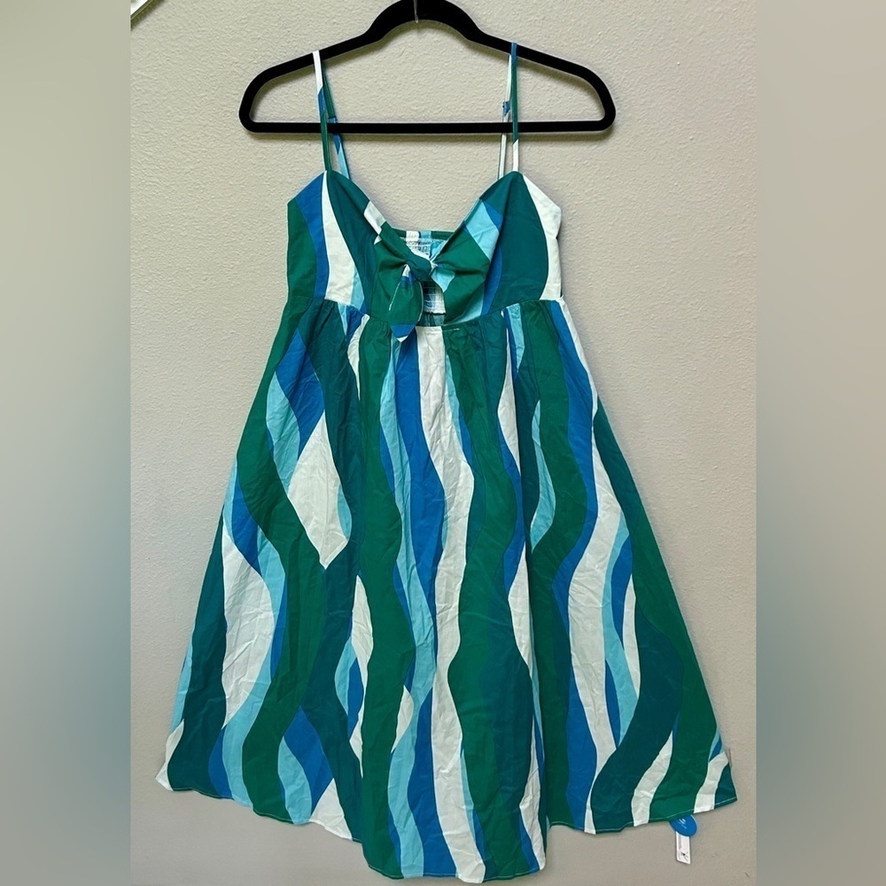 Cupshe NWT teal blue green white striped midi sundress, tie front, feminine, XS